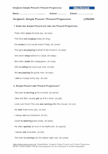Arbeitsblatt für den Vergleich vom Simple Present und Present Progressive