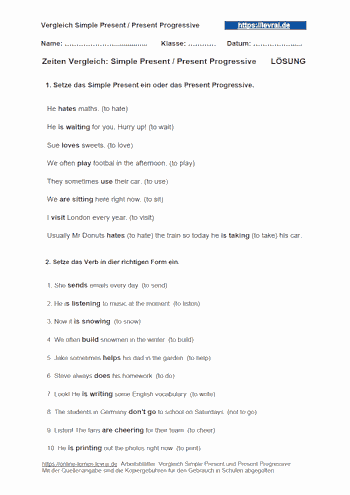 Arbeitsblatt für den Vergleich vom Simple Present und Present Progressive