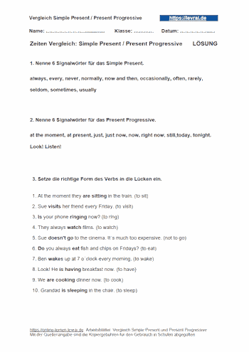 Arbeitsblatt für den Vergleich vom Simple Present und Present Progressive