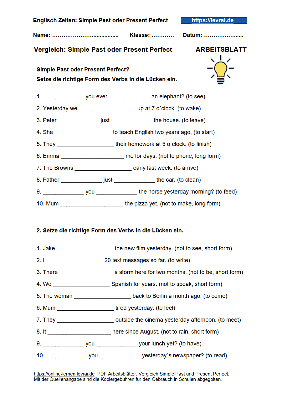 Englisch Arbeitsbl tter Zeiten