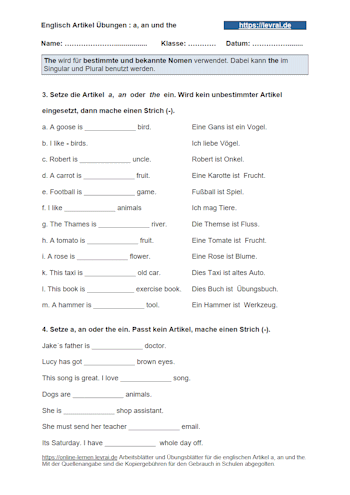 Arbeitsblatt für a, an und the - direkte und indirekte Artikel.