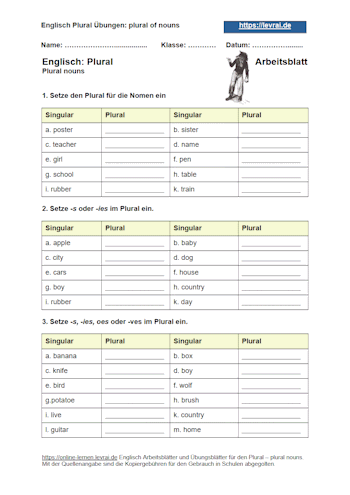 Arbeitsblatt für den Plural - Englisch.