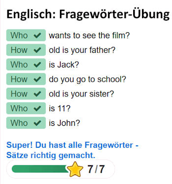 online-Übungen für die Fragewörter who, what, where und how.
