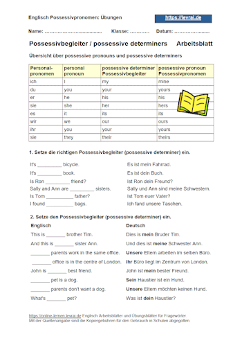 Arbeitsblätter und Übungsblätter für Possessivpronomen/possessive pronouns.