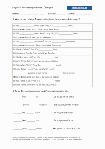 Arbeitsblatt und Übungsblatt 2 für possessive determiners/Possessivbegleiter
