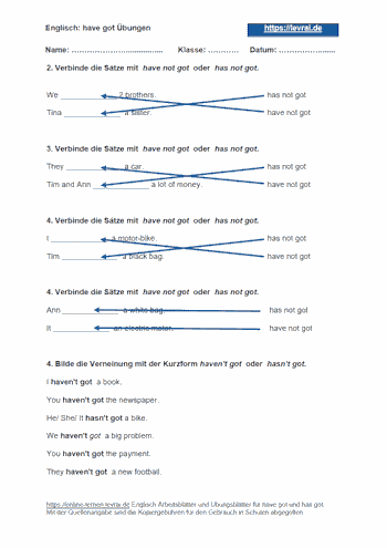 Lösungen zum Arbeitsblatt und Übungsblatt 2 für have got.