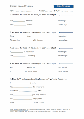 Arbeitsblätter und Übungsblätter 2 für have got.