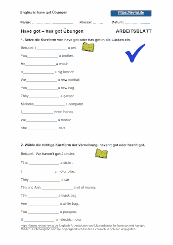 Arbeitsblatt und Übungsblatt 3 für die Kurzformen von have got.