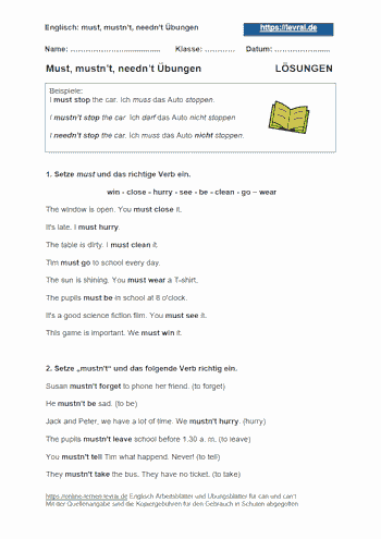 Lösungen zum Arbeitsblatt und Übungsblatt 1 für must, mustn't und needn't.