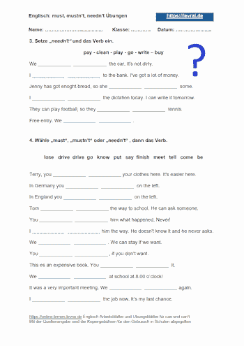 Arbeitsblatt und Übungsblatt 2 für must, mustn't und needn't