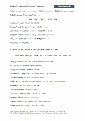 Lösungen zum Arbeitsblatt und Übungsblatt 2 für must, mustn't und needn't.