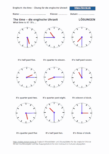 Arbeitsblatt und Übungsblatt mit Lösungen - half past/quarter.