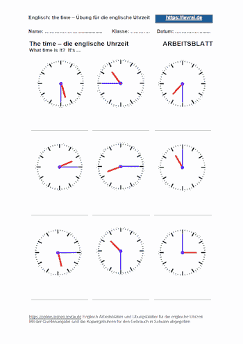Arbeitsblatt und Übungsblatt 2 für die englische Uhrzeit - half past/quarter.