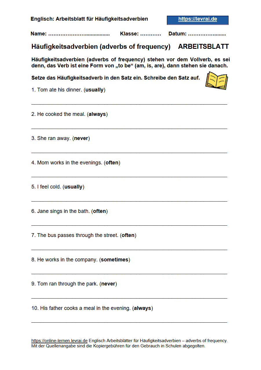 Arbeitsblatt und Übungsblatt 1 für Häufigkeitsadverbien - adverbs of frequency.