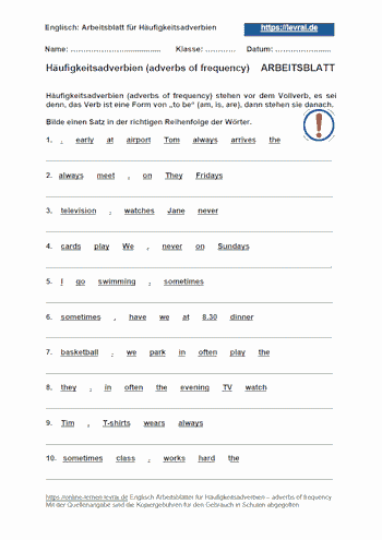 Arbeitsblatt und Übungsblatt 2 für Häufigkeitsadverbien - adverbs of frequency.