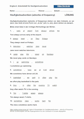 Arbeitsblatt und Übungsblatt 2 mit Lösungen für Häufigkeitsadverbien - adverbs of frequency.
