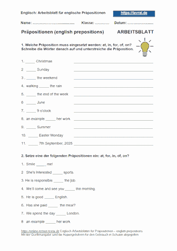 Arbeitsblatt und Übungsblatt 1 für englische Präpositionen.