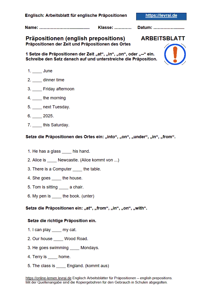 Arbeitsblatt und Übungsblatt 3 für englische Präpositionen der Zeit und des Ortes.