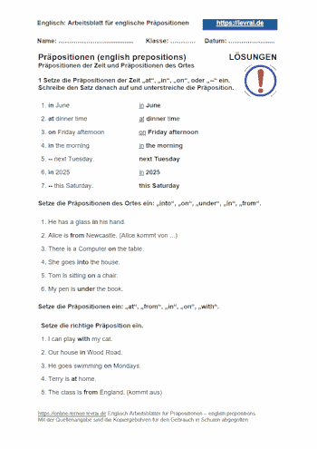 Arbeitsblatt und Übungsblatt 3 für englische Präpositionen der Zeit und des Ortes.