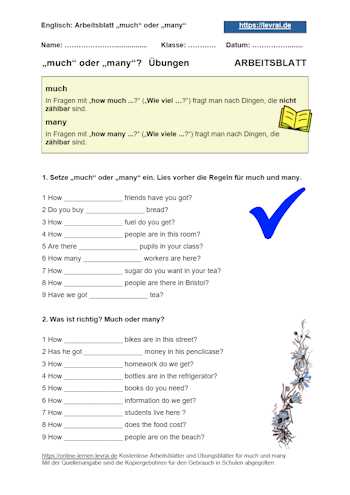 Arbeitsblatt und Übungsblatt 1 für much und many.