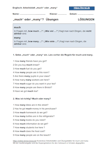Arbeitsblatt 1 mit Lösungen für die Aufgaben: much und many.