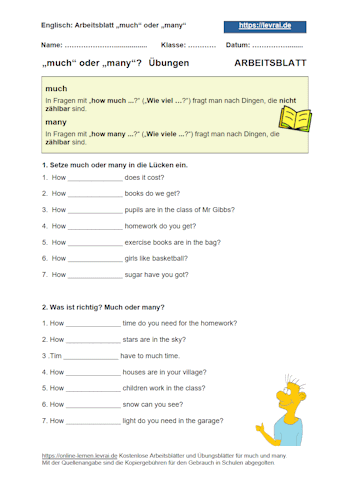 Arbeitsblatt und Übungsblatt 1 für much und many.