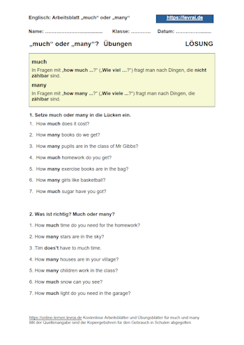 Lösungen: Arbeitsblatt und Übungsblatt 2 für much und many.