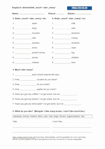 Arbeitsblatt 3 mit Lösungen für much und many.