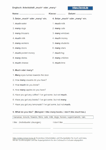 Arbeitsblatt 3 mit Lösungen für much und many.