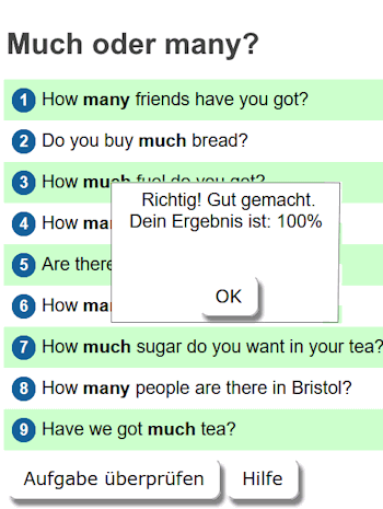 Übungen für much und many.