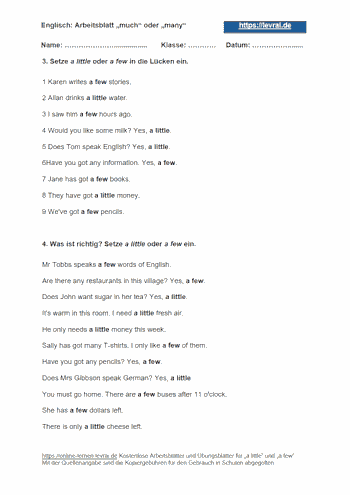 Arbeitsblatt 3 mit Lösungen für a little und a few.