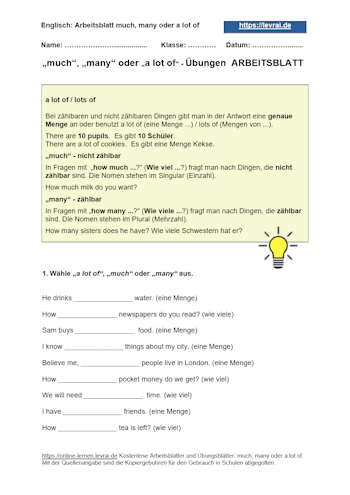 Arbeitsblatt und Übungsblatt 1 für much, many und a lot of.