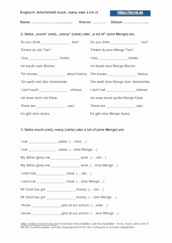 Arbeitsblatt 2 mit Lösungen für much, many und a lot of.