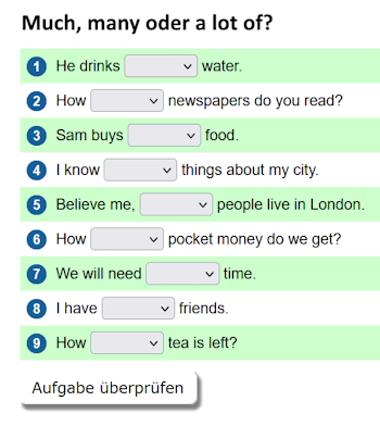 Übungen für much, many und a lot of.