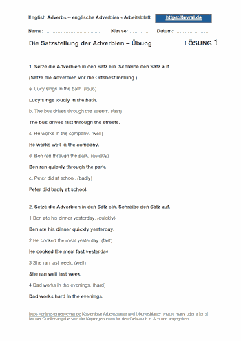 Arbeitsblatt und Übungsblatt mit Lösungen für die Satzstellung englischer Adverbien.