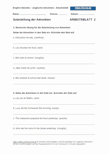 Arbeitsblatt und Übungsblatt für die Satzstellung englischer Adverbien.