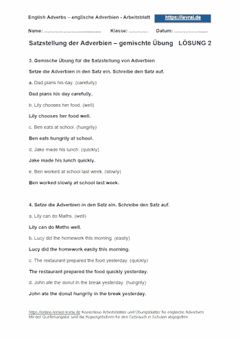 Arbeitsblatt und Übungsblatt mit Lösungen für die Satzstellung englischer Adverbien.
