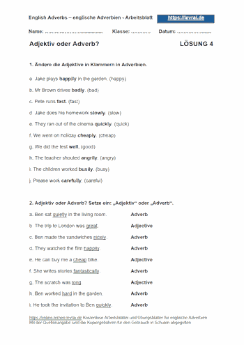 Arbeitsblatt und Übungsblatt 4 mit Lösungen: Adjektiv oder Adverb?