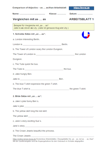 Arbeitsblatt für Vergleiche mit englischen Adjektiven.