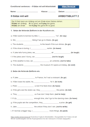 Arbeitsblätter und Übungsblätter für If-Sätze mit will future.