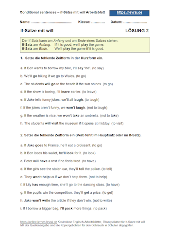 Arbeitsblatt 2 und Übungsblatt mit Lösungen für if-Sätze mit will.