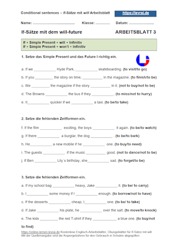 Arbeitsblatt 3 für if-Sätze mit will.
