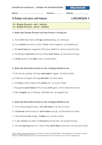 Arbeitsblatt 3 und Übungsblatt mit Lösungen für if-Sätze mit will.