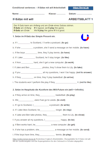Arbeitsblatt für if-Sätze mit will.