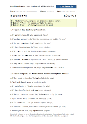 Arbeitsblatt und Übungsblatt mit Lösungen für if-Sätze mit will.