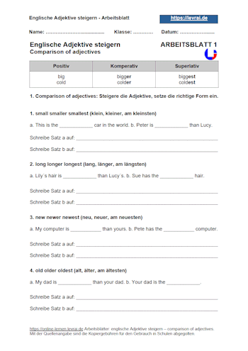 Arbeitsblatt 1 für die Steigerung englischer Adjektive.