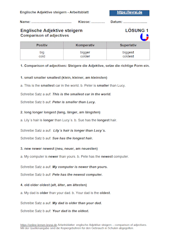 Lösung für Arbeitsblatt 1 - Steigerung englischer Adjektive.