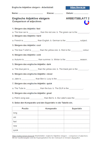 Arbeitsblatt 2 für die comparison of adjectives.