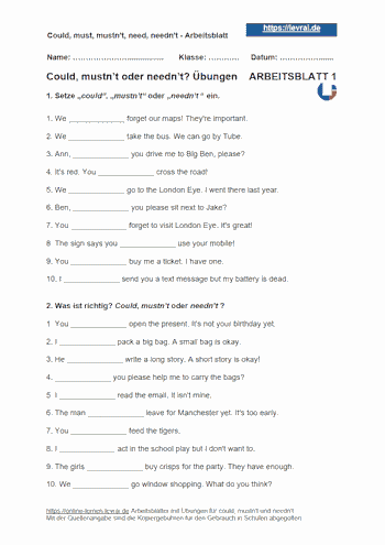 Arbeitsblatt 1 für could, mustn't und needn't.