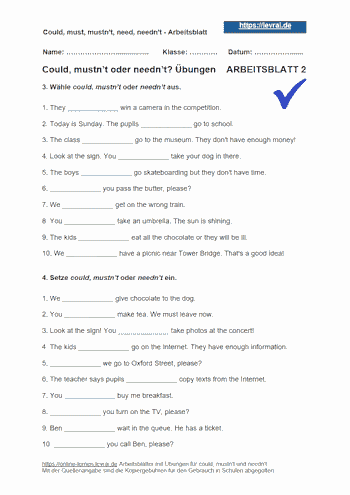 Arbeitsblatt 2 mit dem Thema: could, mustn't und needn't.